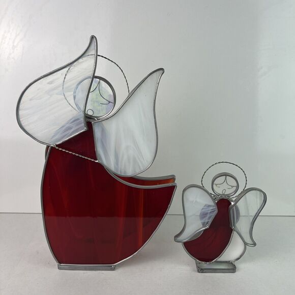 Vintage Stained Glass Angel Pair Artist Signed Cathy Holiday Christmas Religious - Picture 6 of 10